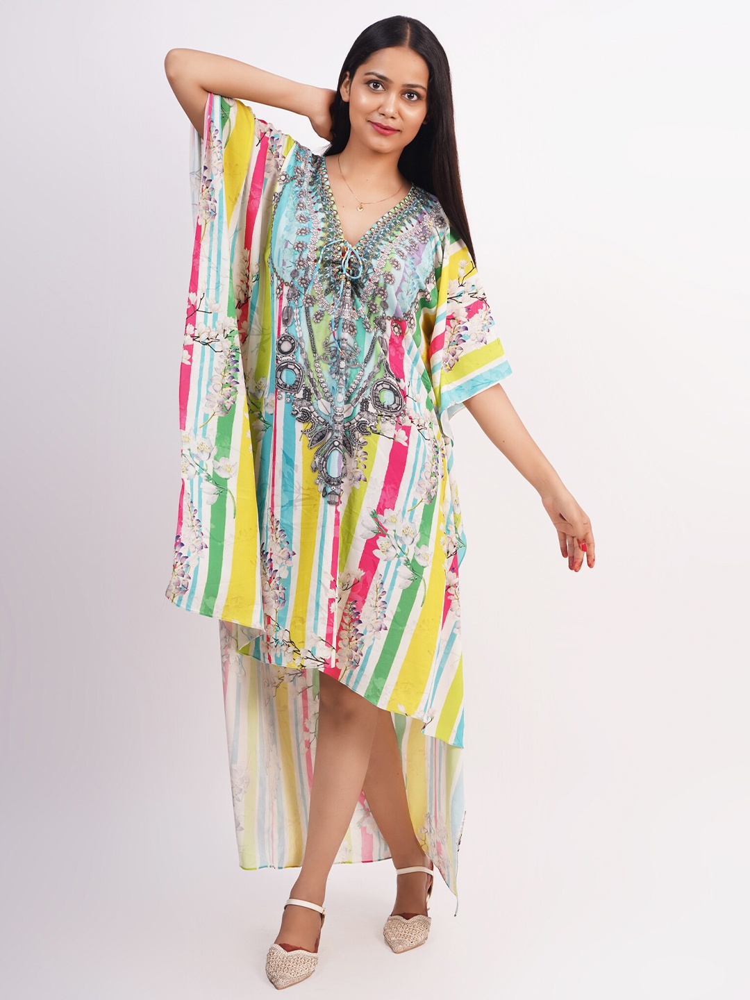 

Rajoria Instyle White & Yellow Tribal Print Georgette Kaftan Dress