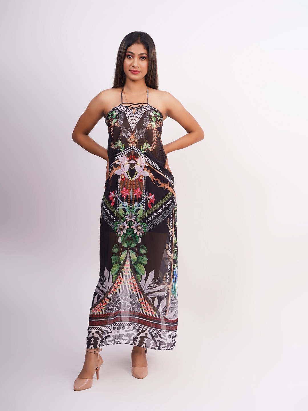 Rajoria Instyle Brown & White Tribal Print Georgette Maxi Dress