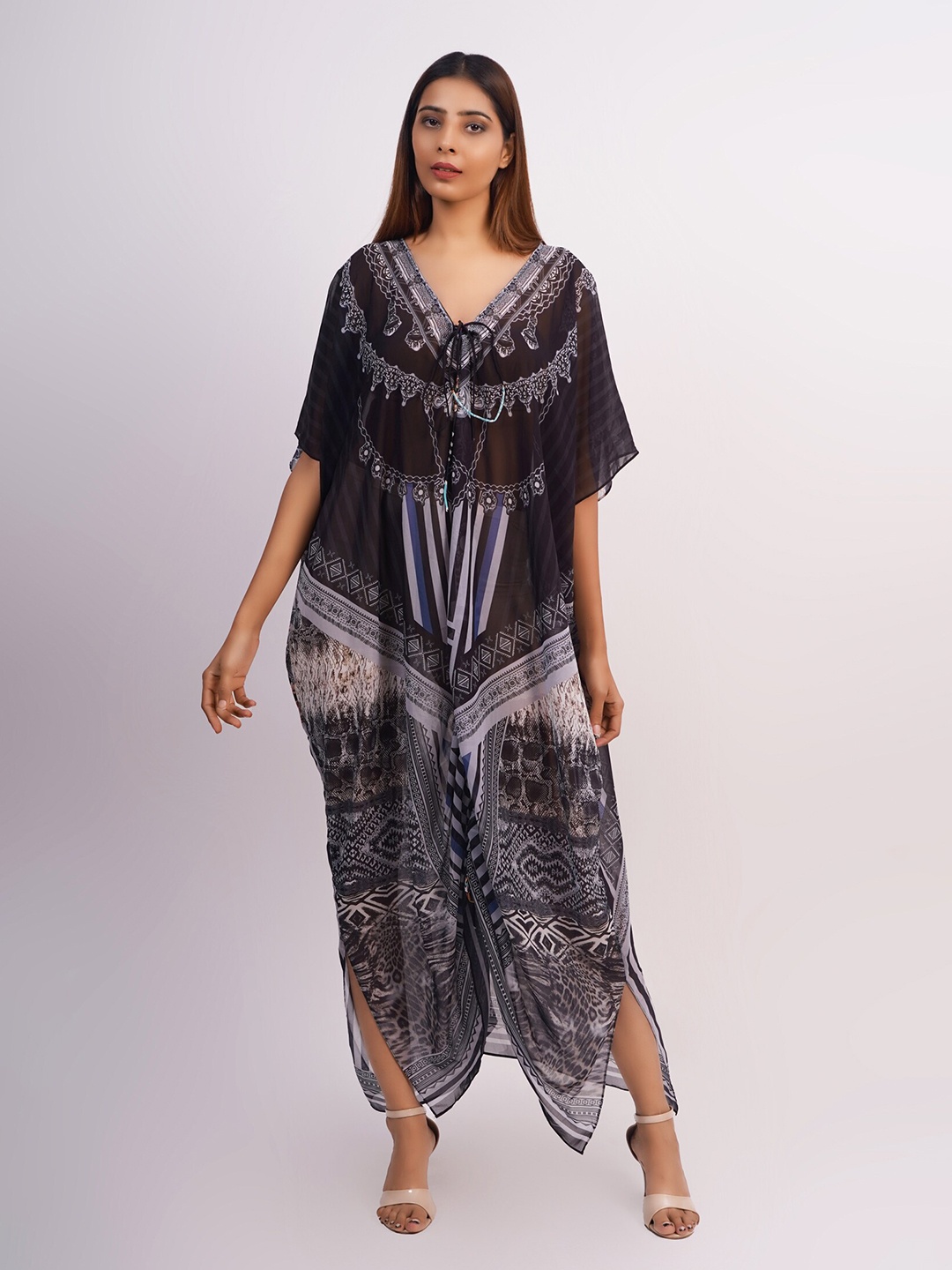 

Rajoria Instyle Black & Grey Tribal Georgette Kaftan Maxi Dress