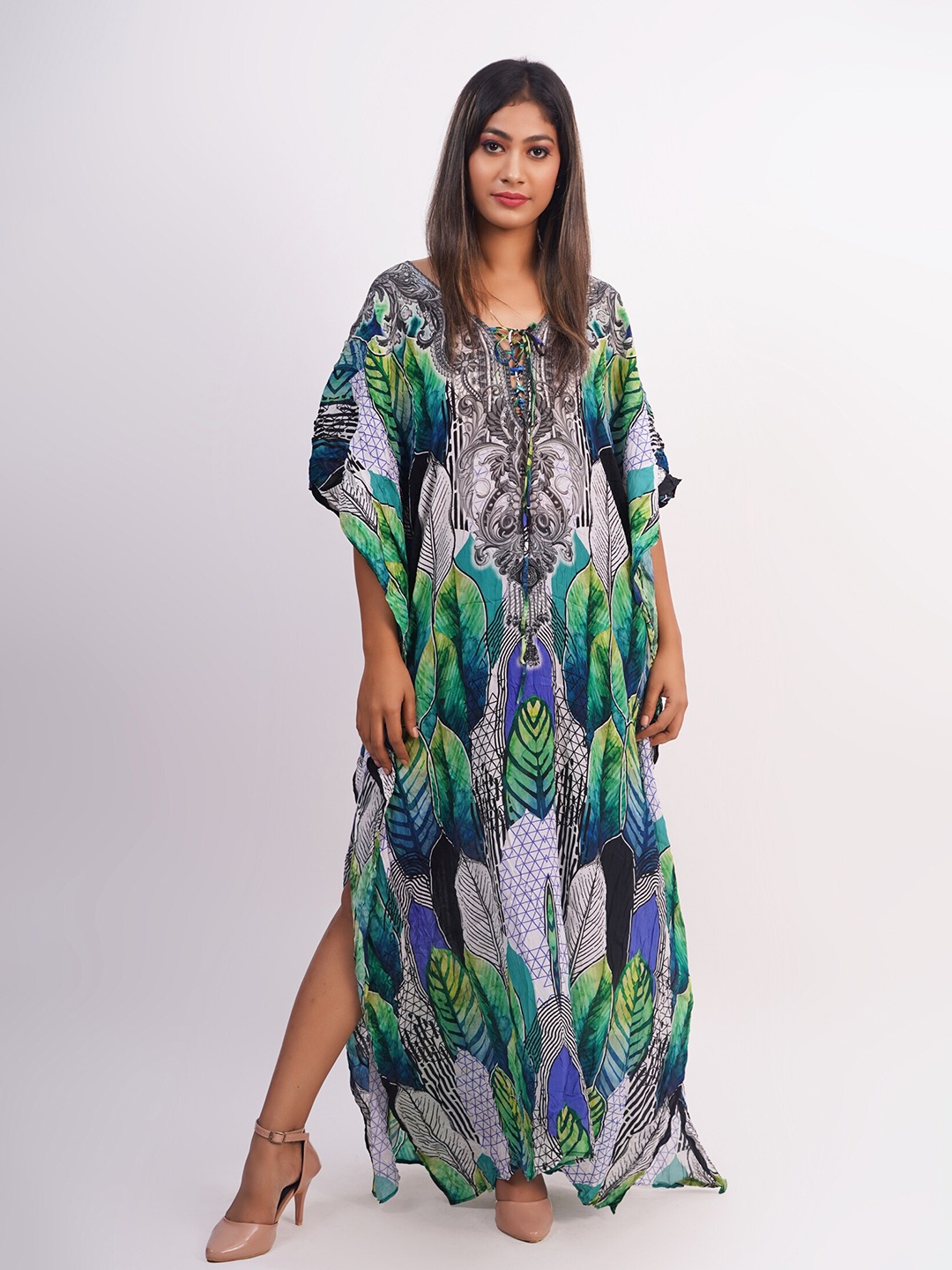 

Rajoria Instyle Green & White Tropical Georgette Kaftan Maxi Dress