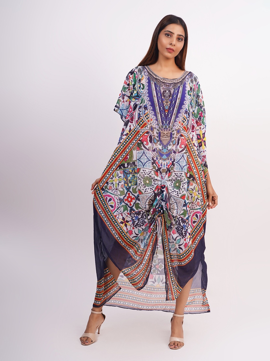 

Rajoria Instyle Purple & White Ethnic Motifs Georgette Kaftan Maxi Dress