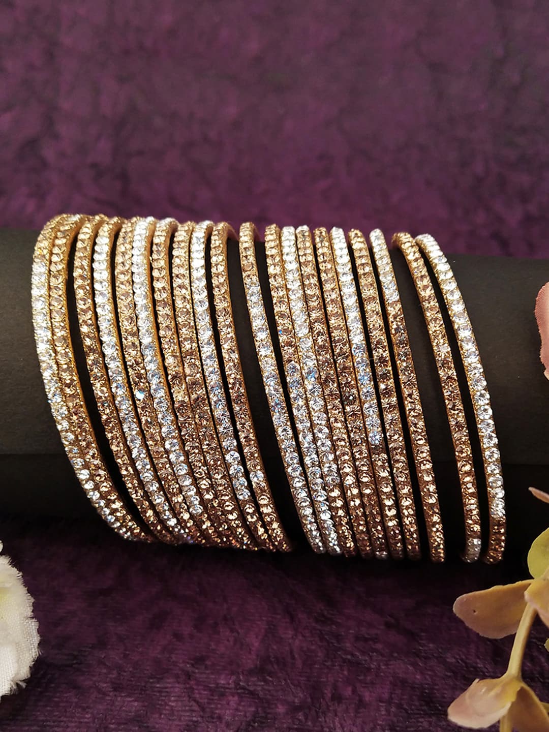 

Mallepula Set Of 20 White Gold Plated CZ Stones Studded Bangles