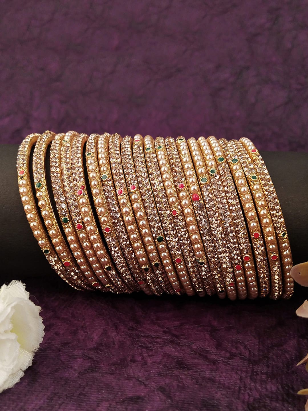 

Mallepula Set Of 20 Beige Gold-Plated CZ-Studded & Pearl Beaded Bangles