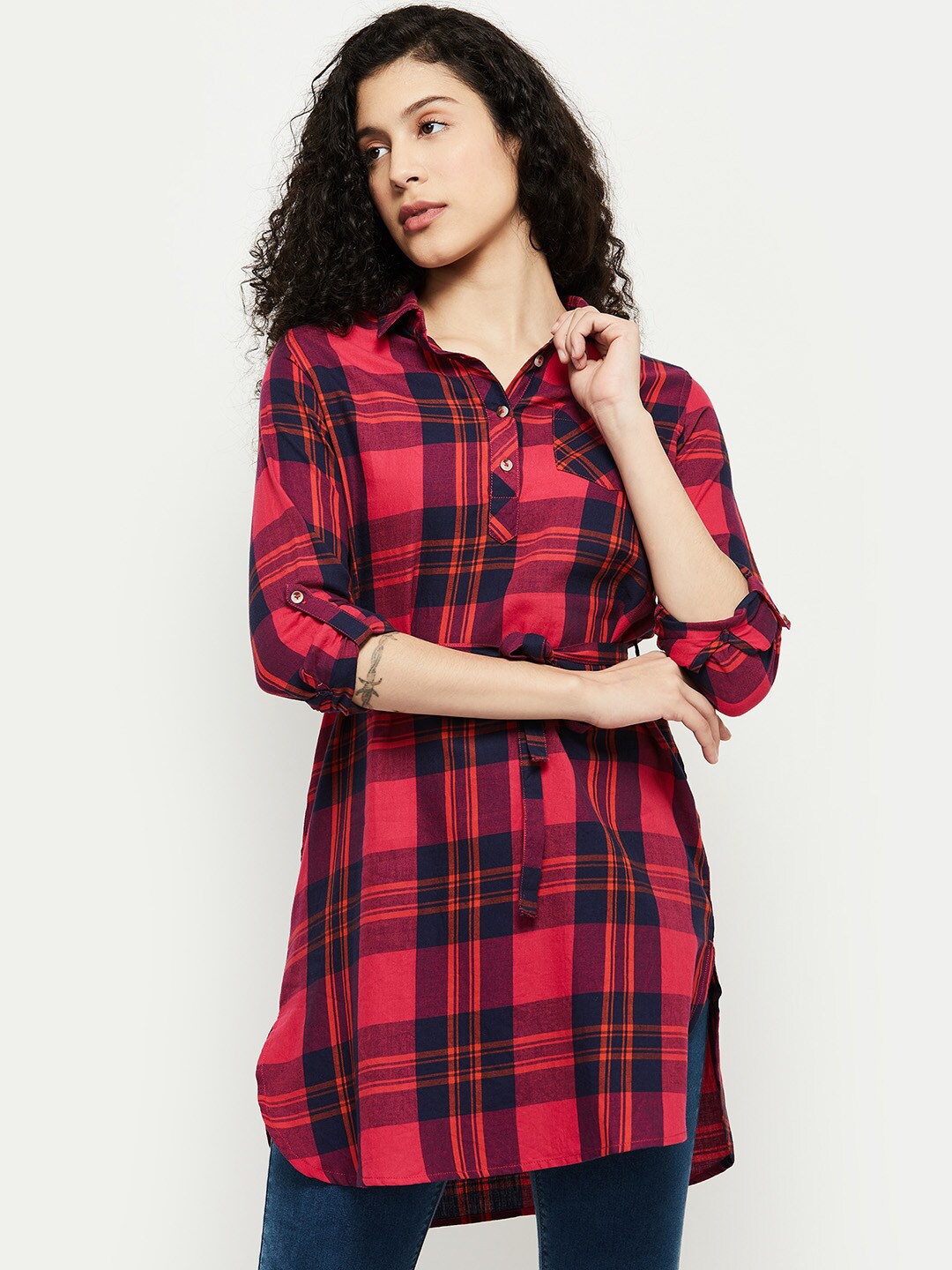 

max Fuchsia & Black Shirt Collar Checked Pure Cotton Tunic