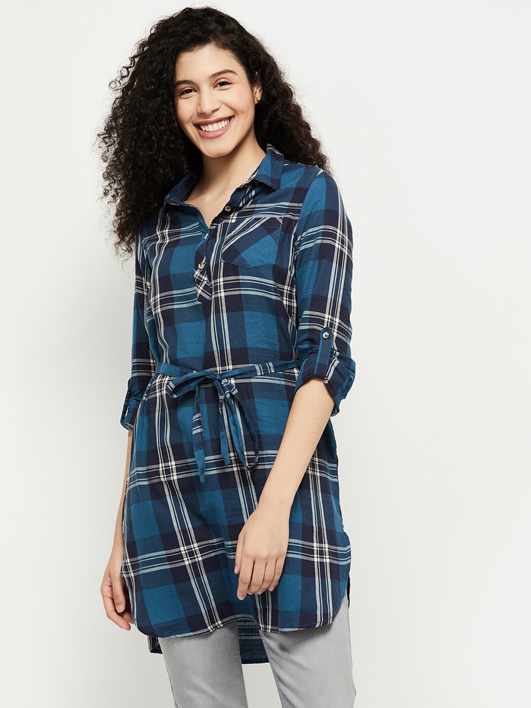 

max Navy Blue & Black Shirt Collar Checked Pure Cotton Tunic