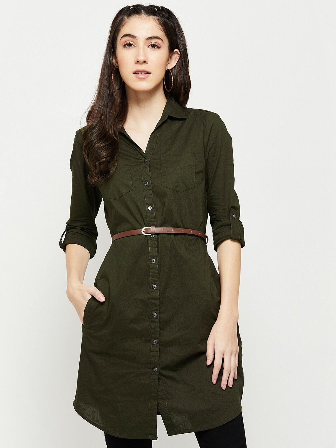 

max Green Solid Shirt Collar Pure Cotton Tunic