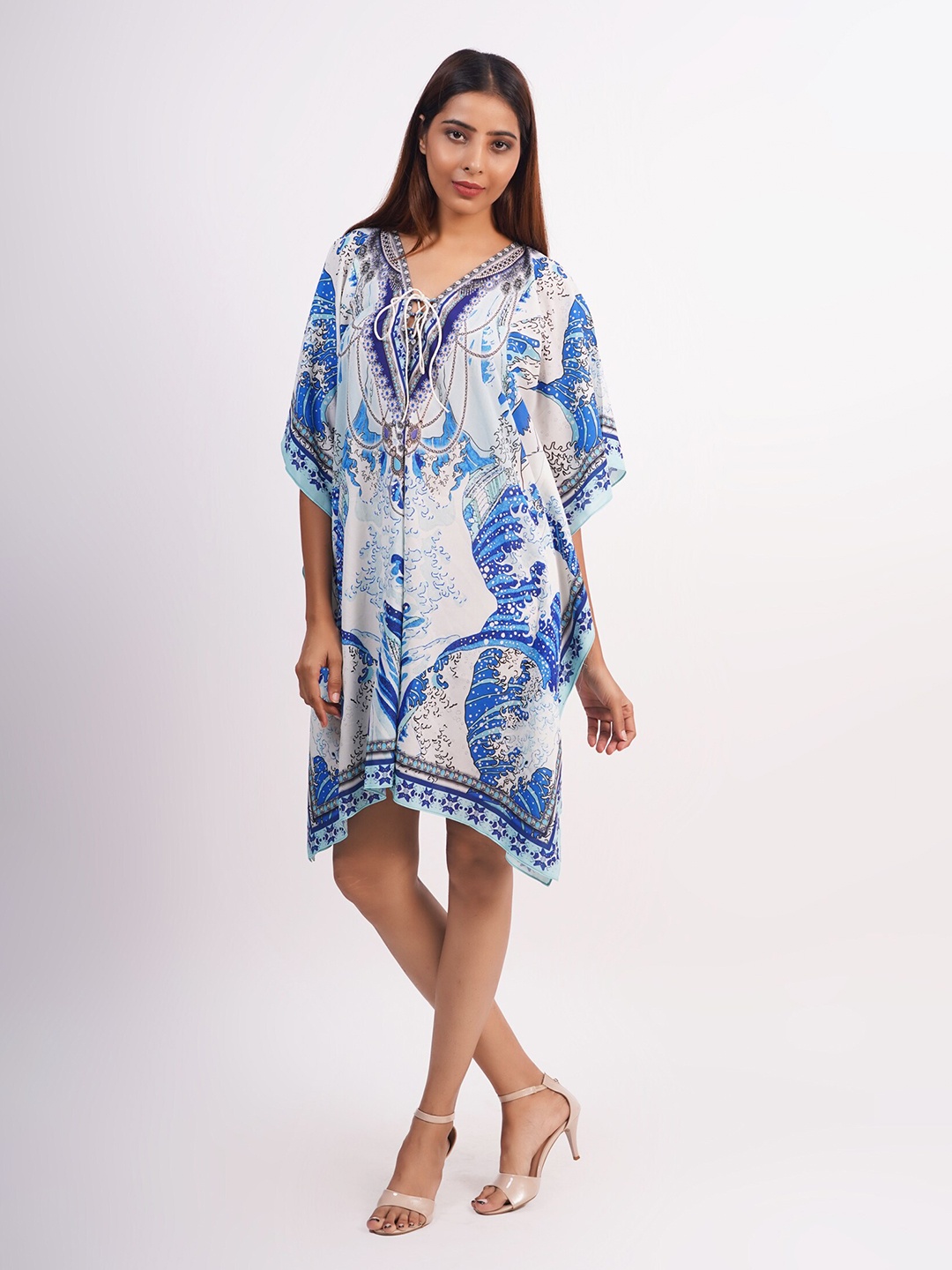 

Rajoria Instyle White & Blue Tropical Georgette Kaftan Dress