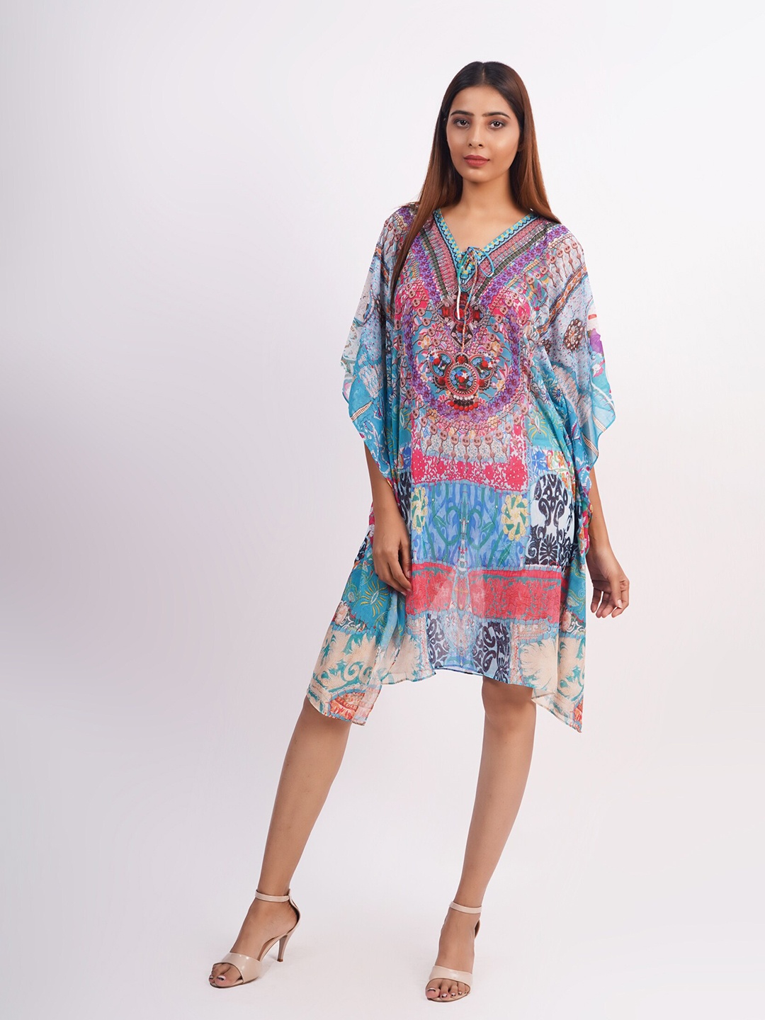 

Rajoria Instyle Blue & Pink Tribal Georgette Kaftan Dress