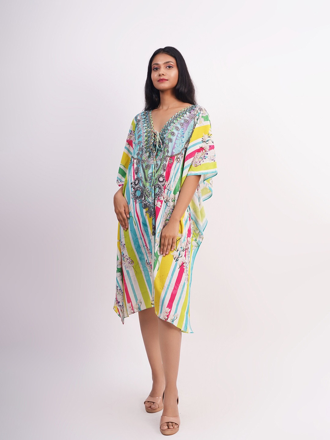 

Rajoria Instyle Blue & Yellow Tribal Georgette Kaftan Dress