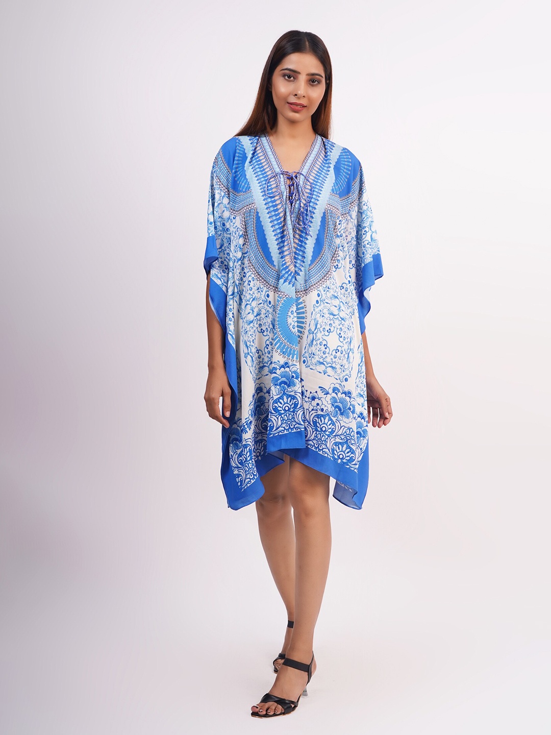 

Rajoria Instyle Blue & White Tribal Tie-Up Neck Georgette Ethnic Kaftan Dress