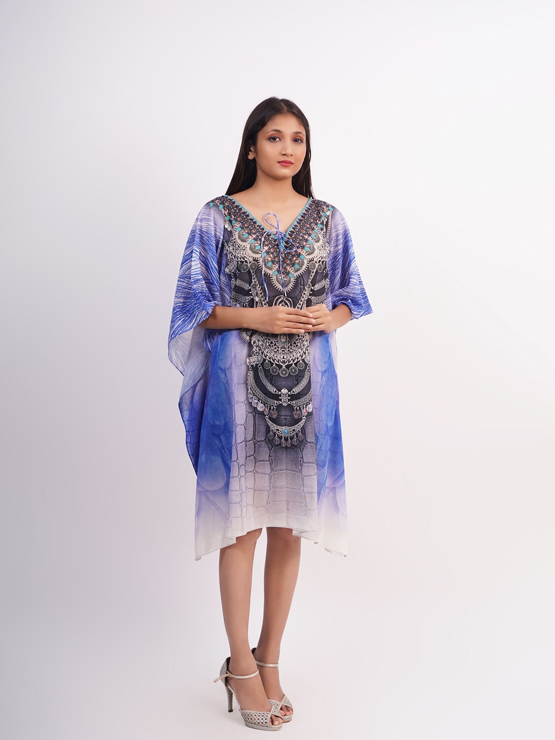 

Rajoria Instyle Blue & Blue Tribal Georgette Ethnic Kaftan Dress