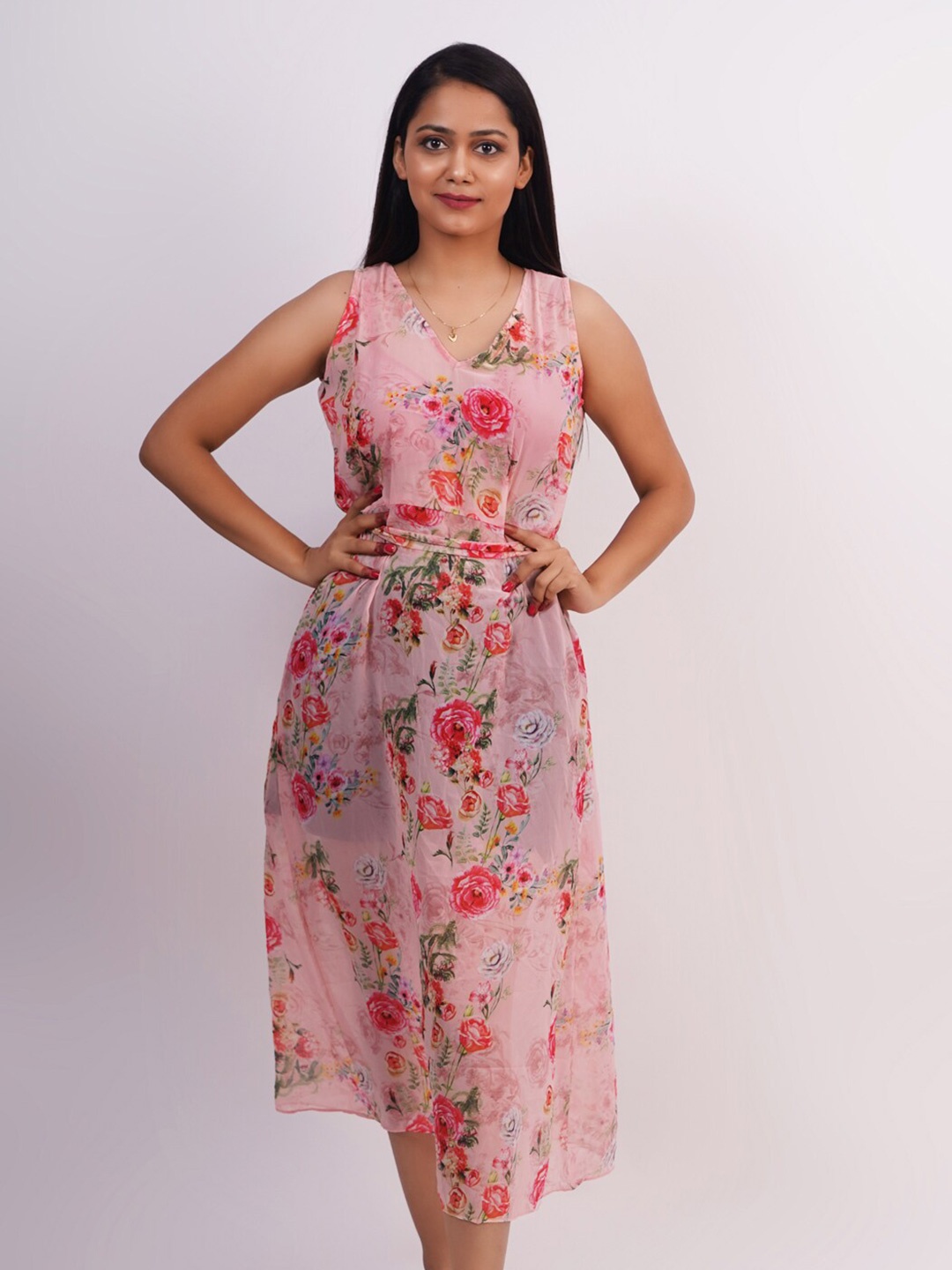 

Rajoria Instyle Pink & Green Floral Georgette Midi Dress
