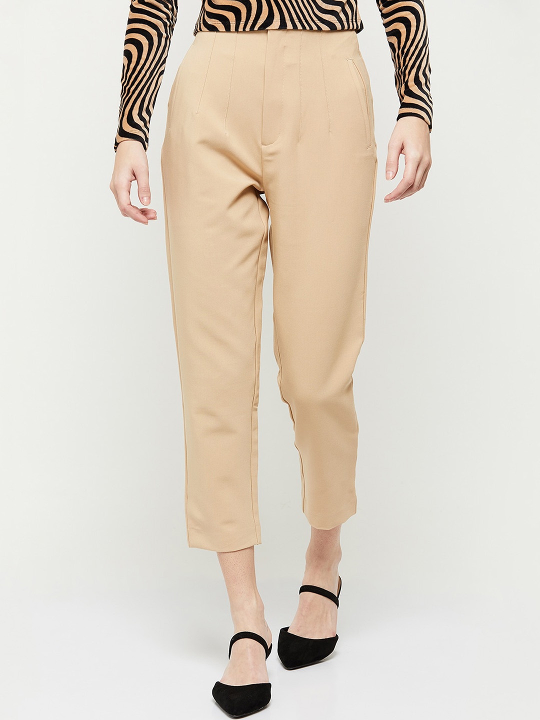 

max Women Beige Pleated Solid Trousers