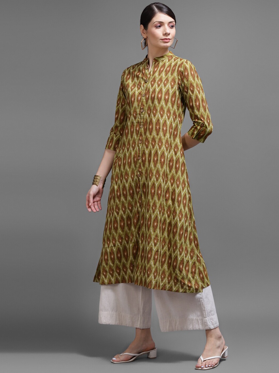 

KALINI Women Green & Brown Geometric Printed Kurta