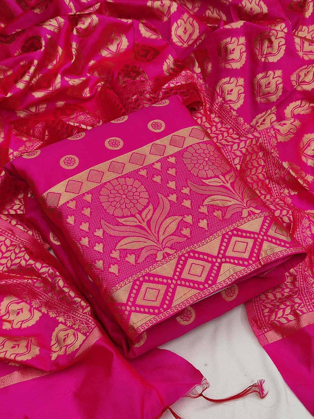 

KALINI Pink & Gold-Toned Printed Unstitched Dress Material