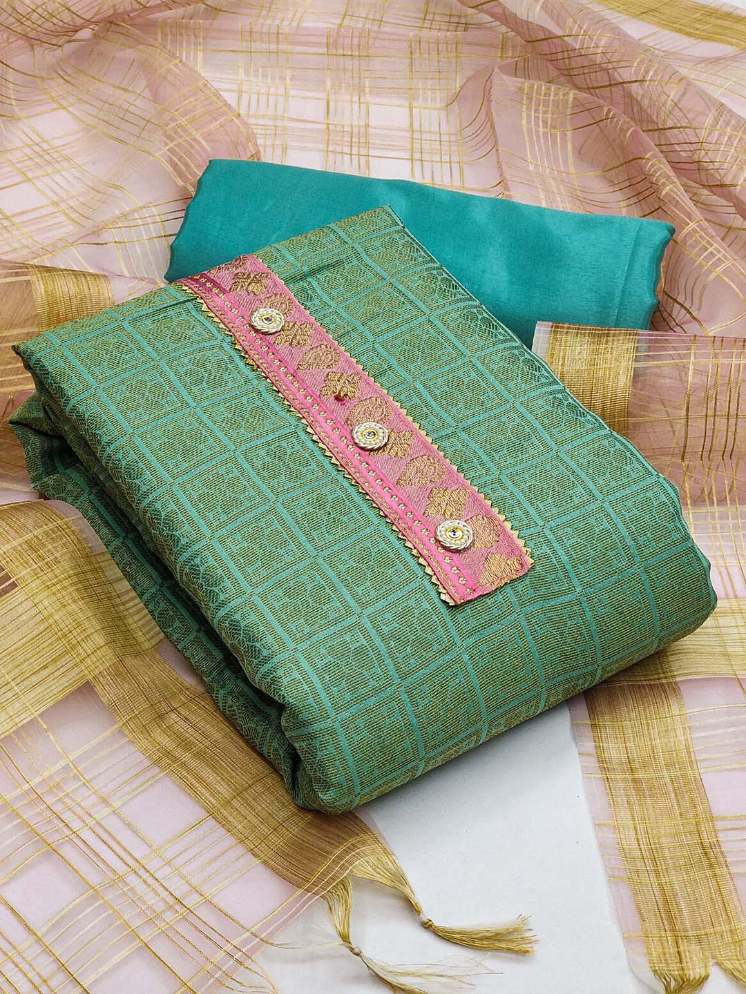 

KALINI Green & Gold-Toned Unstitched Dress Material