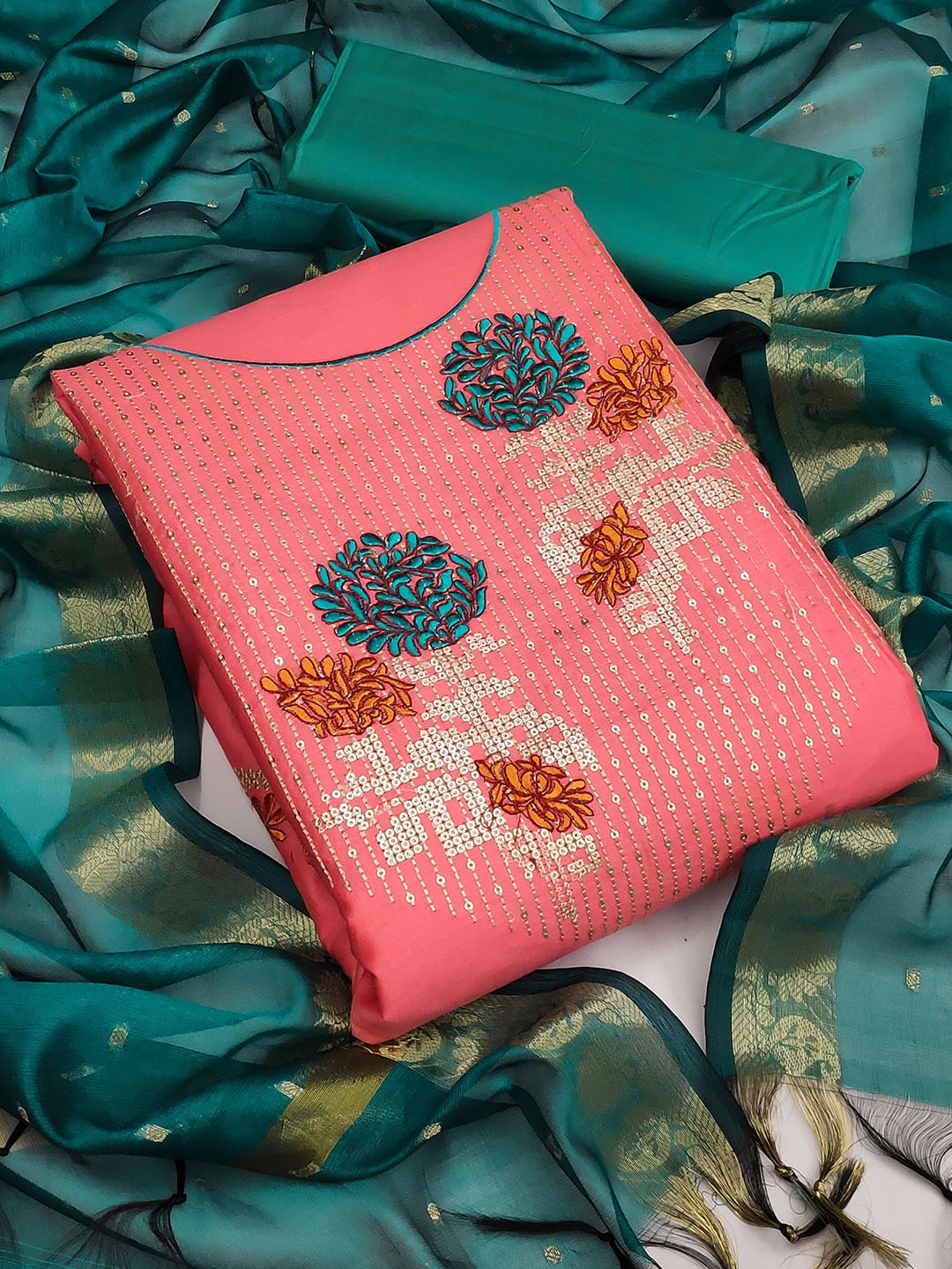 

KALINI Pink & Green Embroidered Unstitched Dress Material