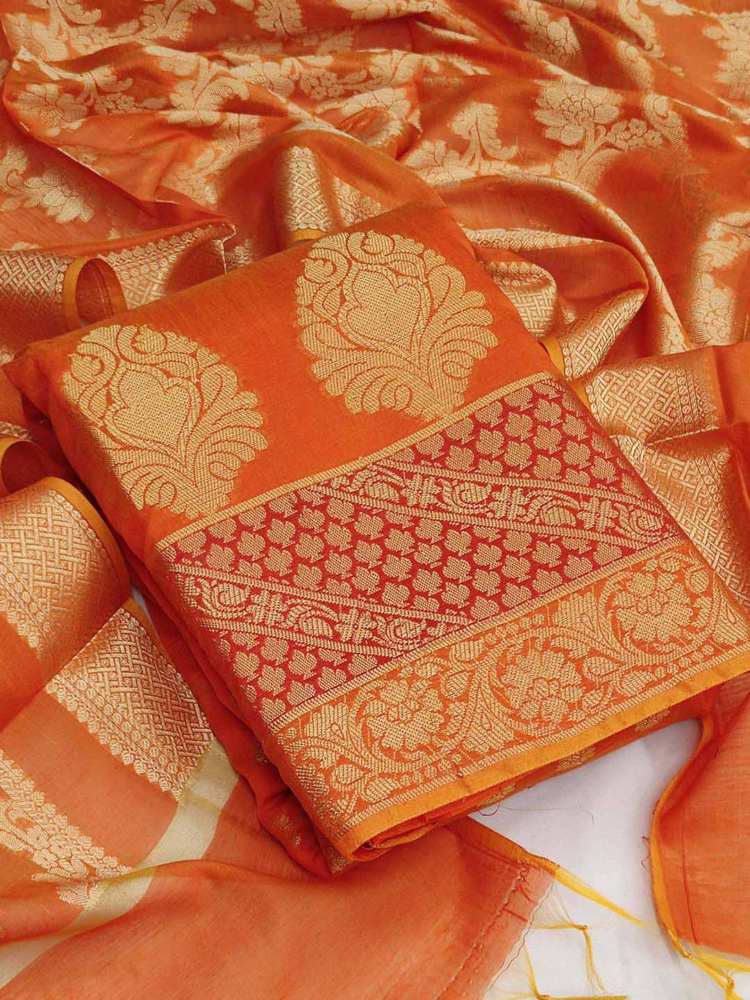 

KALINI Orange & Red Unstitched Dress Material