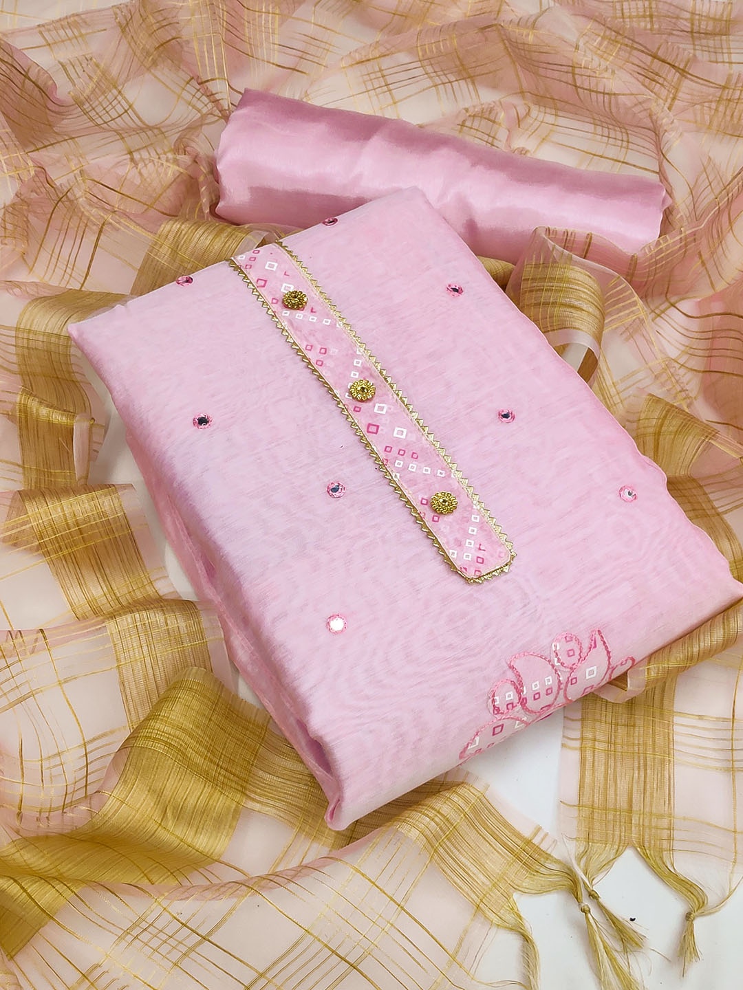 

KALINI Pink & Gold-Toned Embroidered Unstitched Dress Material