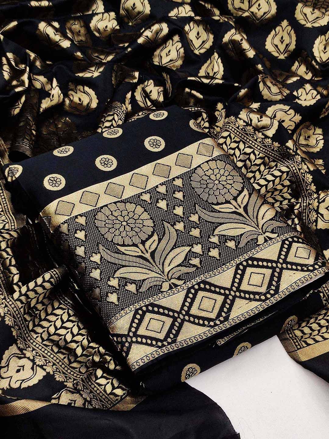 

KALINI Black & Gold-Toned Printed Unstitched Dress Material