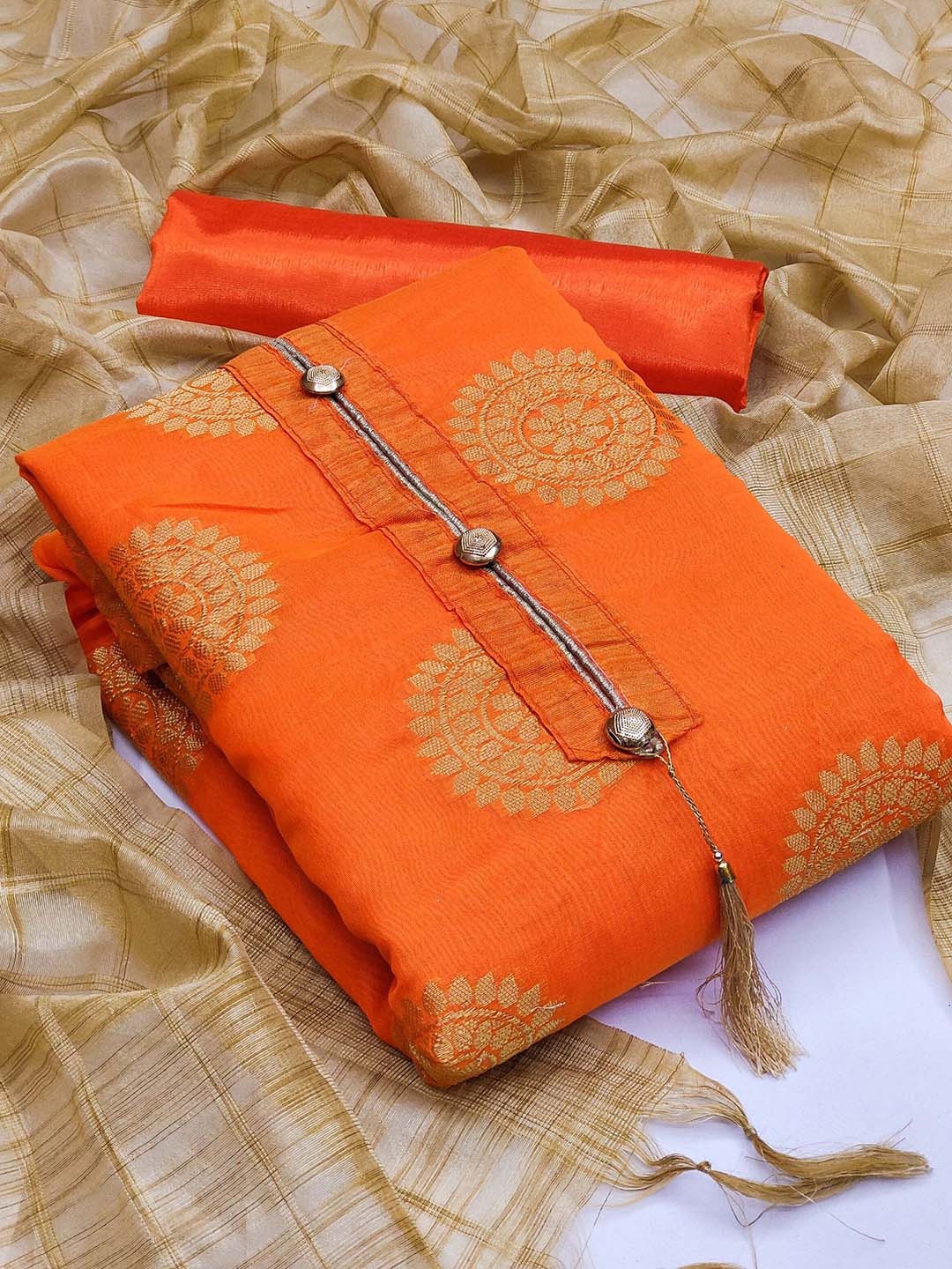 

KALINI Orange & Beige Unstitched Dress Material
