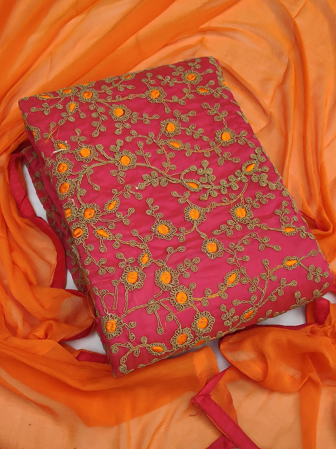 

KALINI Pink & Orange Embroidered Unstitched Dress Material