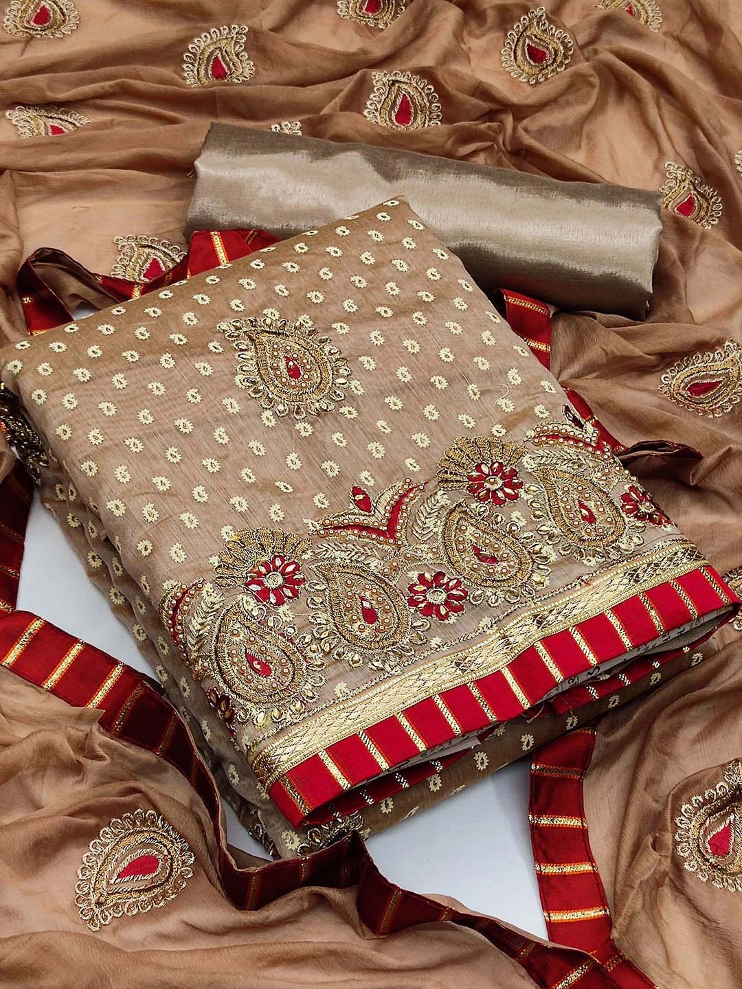 

KALINI Beige & Red Embroidered Pure Cotton Unstitched Dress Material