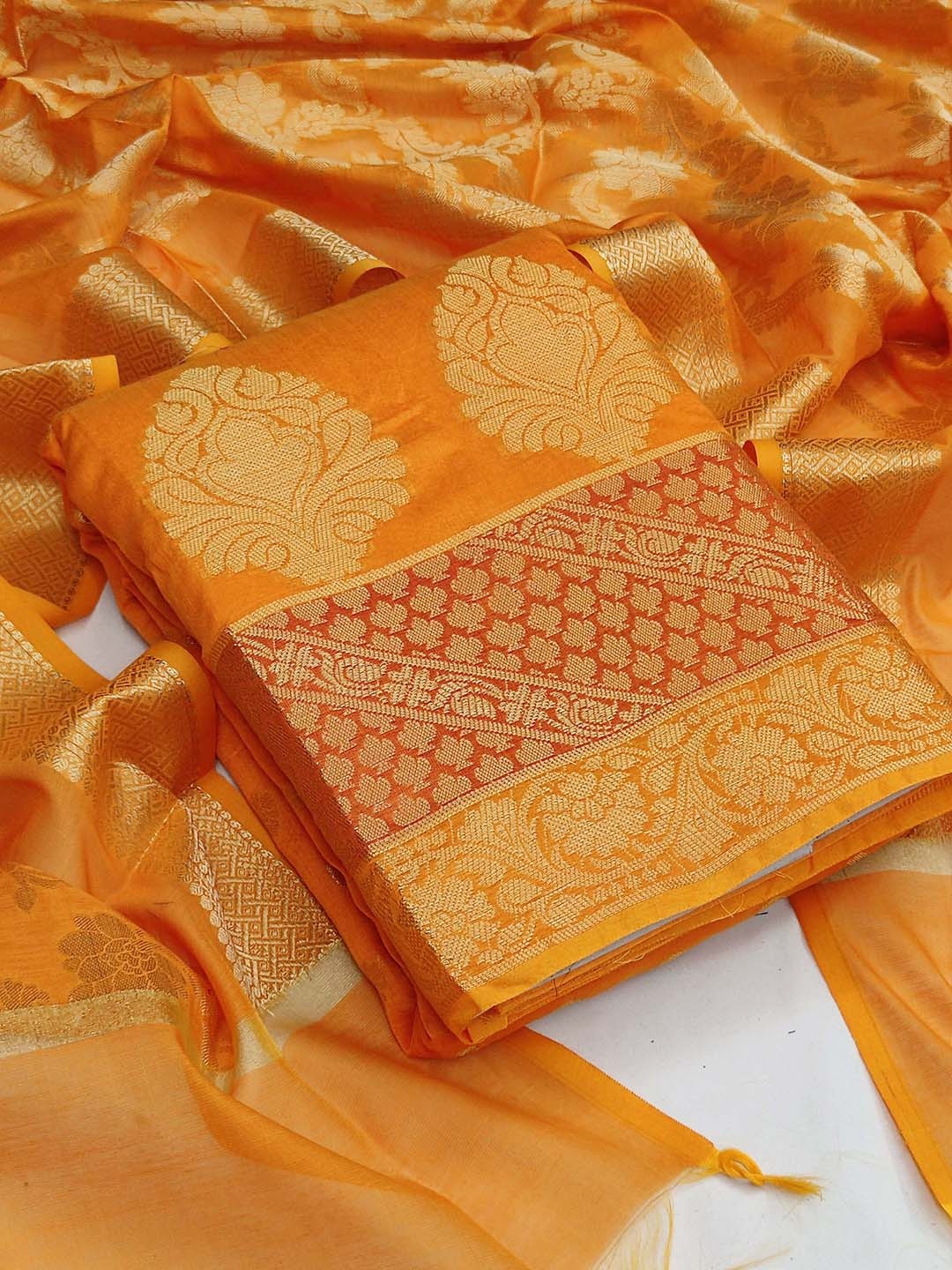 

KALINI Yellow & Gold-Toned Unstitched Dress Material