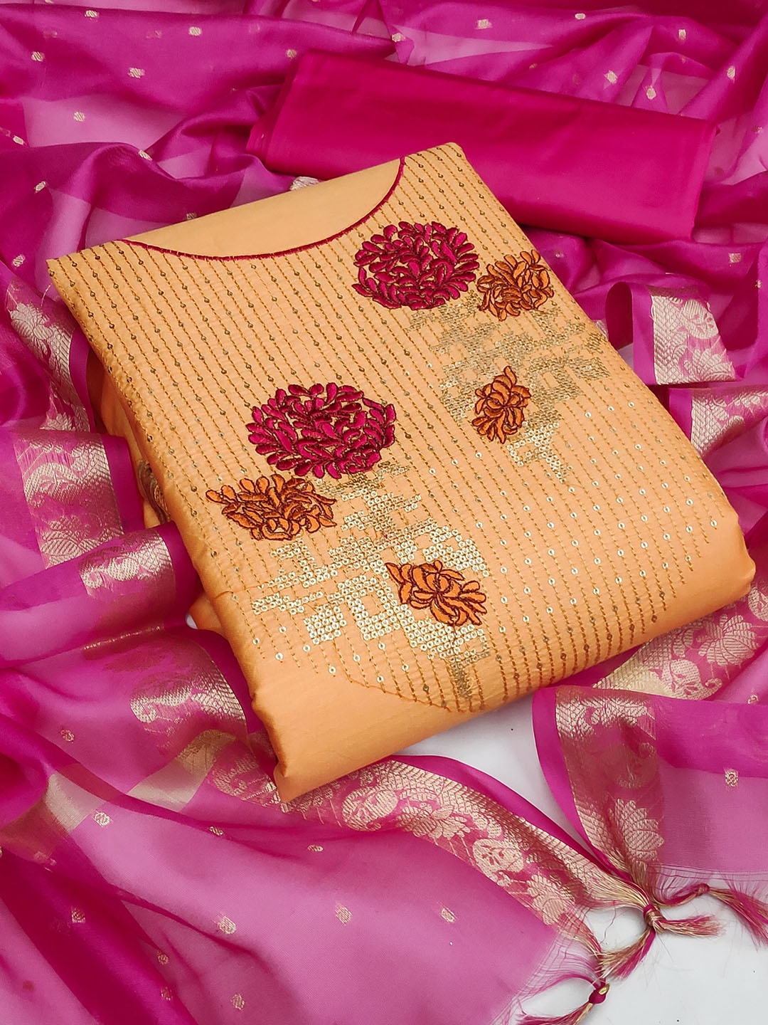 

KALINI Beige & Maroon Embroidered Unstitched Dress Material