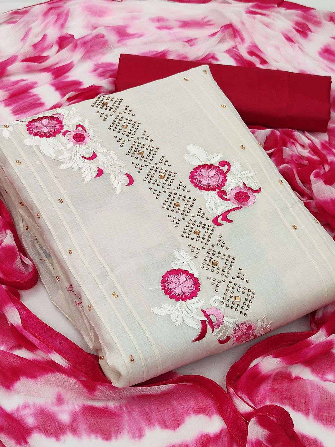 

KALINI White & Pink Embroidered Unstitched Dress Material