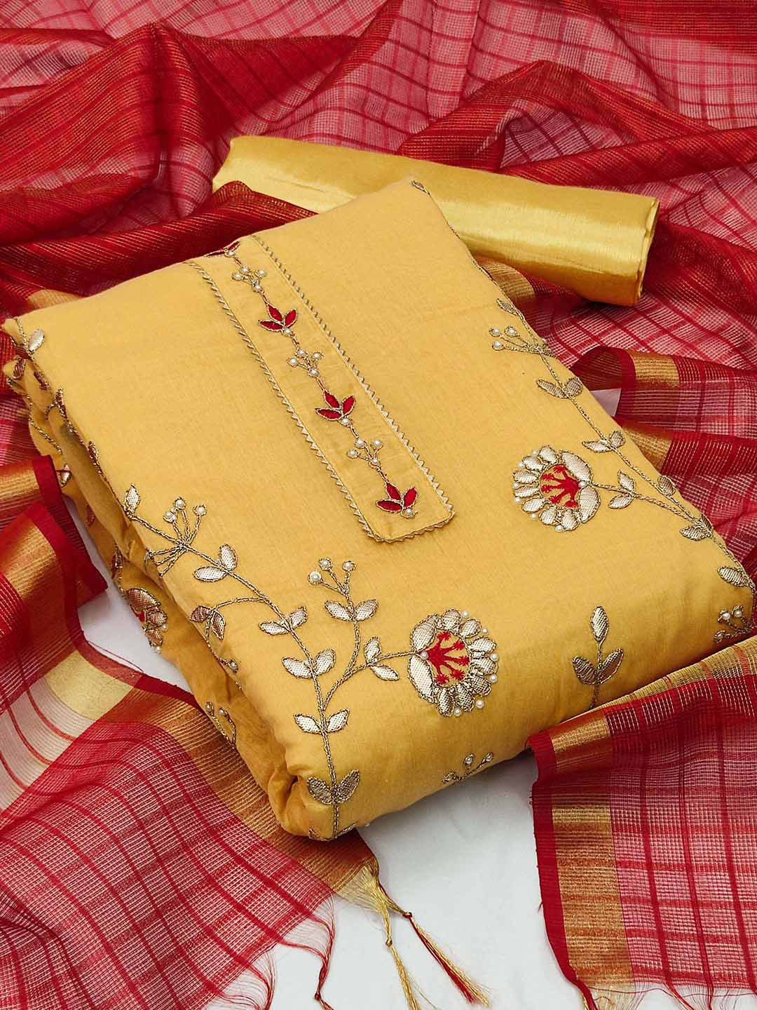 

KALINI Yellow & Maroon Embroidered Unstitched Dress Material
