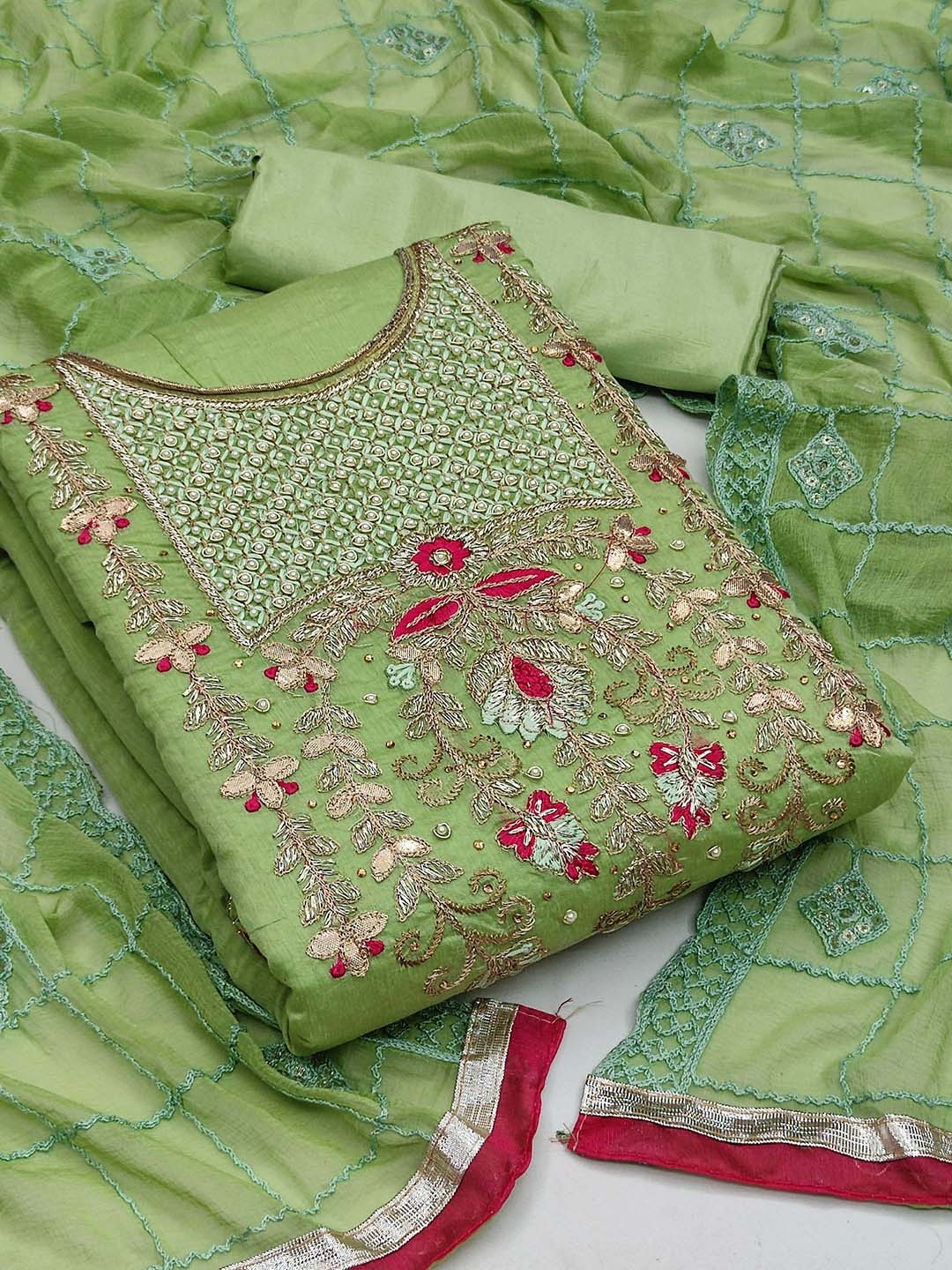

KALINI Green & Pink Embroidered Unstitched Dress Material