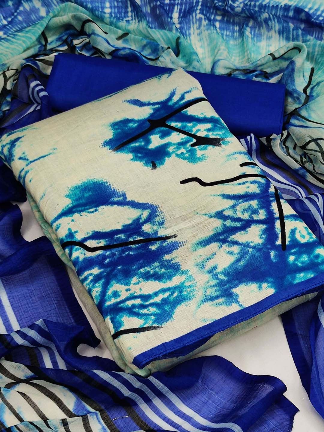

KALINI Blue & Off White Printed Cotton Unstitched Dress Material