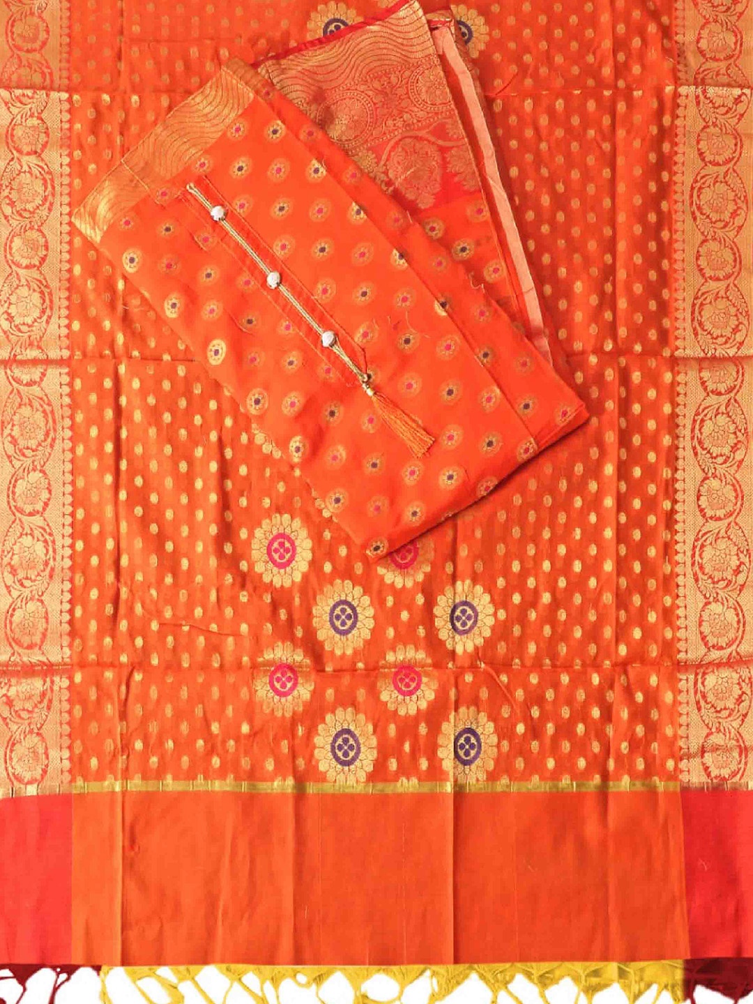 

KALINI Orange & Gold-Toned Unstitched Dress Material
