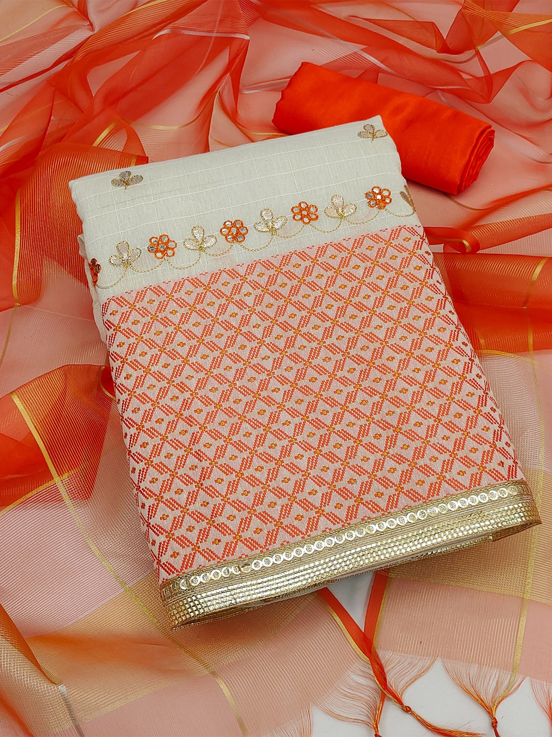 

KALINI White & Orange Embroidered Unstitched Dress Material