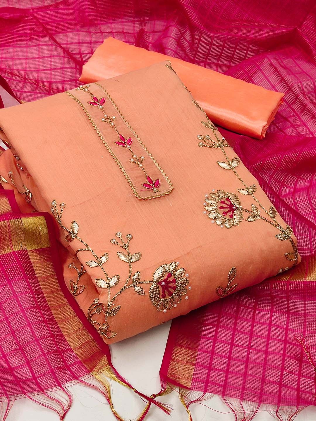 

KALINI Peach-Coloured & Pink Embroidered Unstitched Dress Material