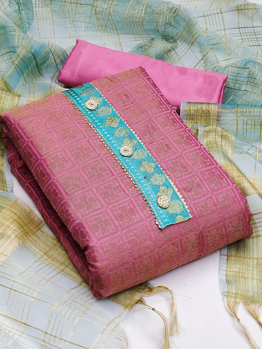 

KALINI Pink & Blue Unstitched Dress Material