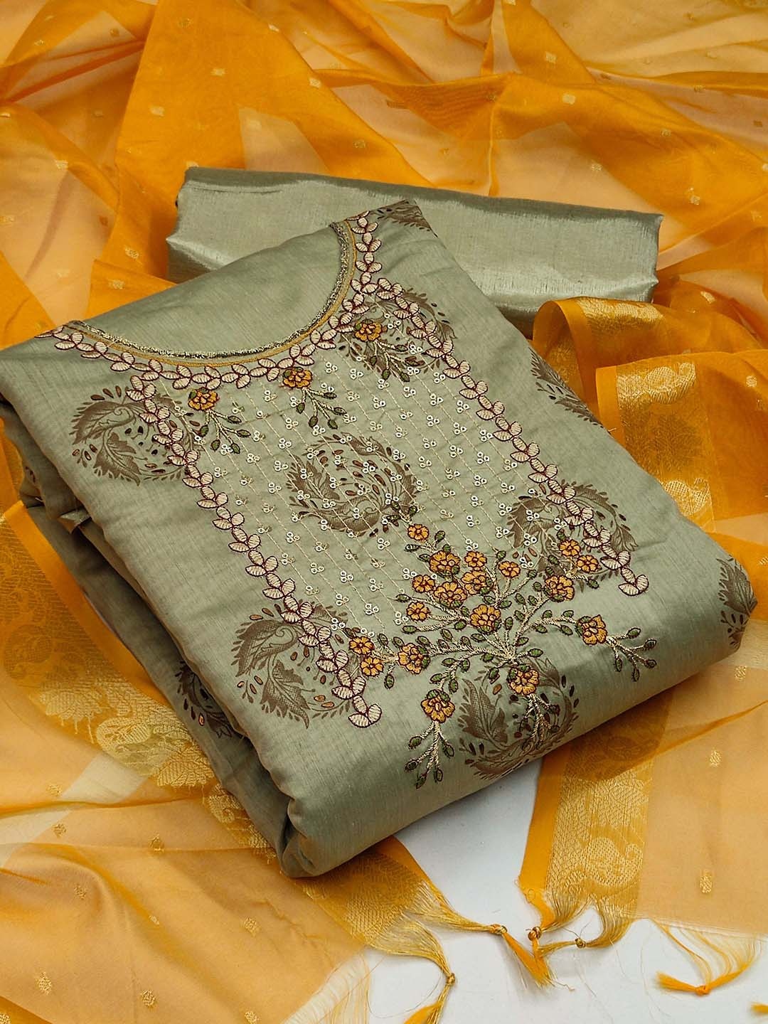 

KALINI Grey & Yellow Embroidered Pure Cotton Unstitched Dress Material