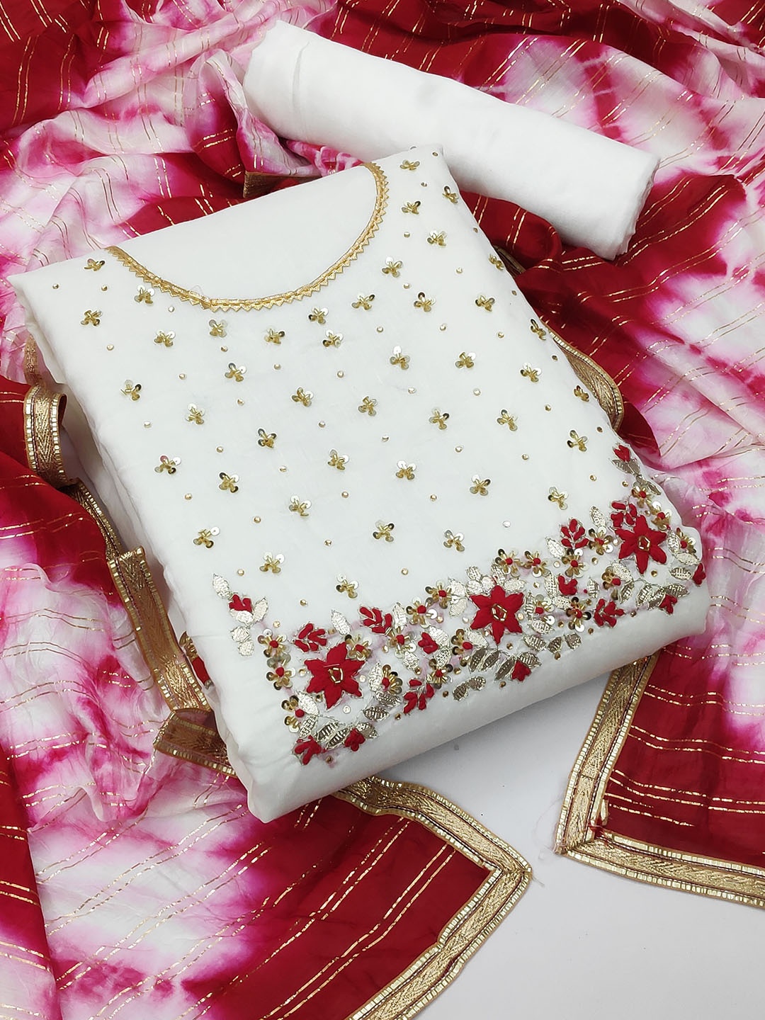 

KALINI White & Pink Unstitched Dress Material