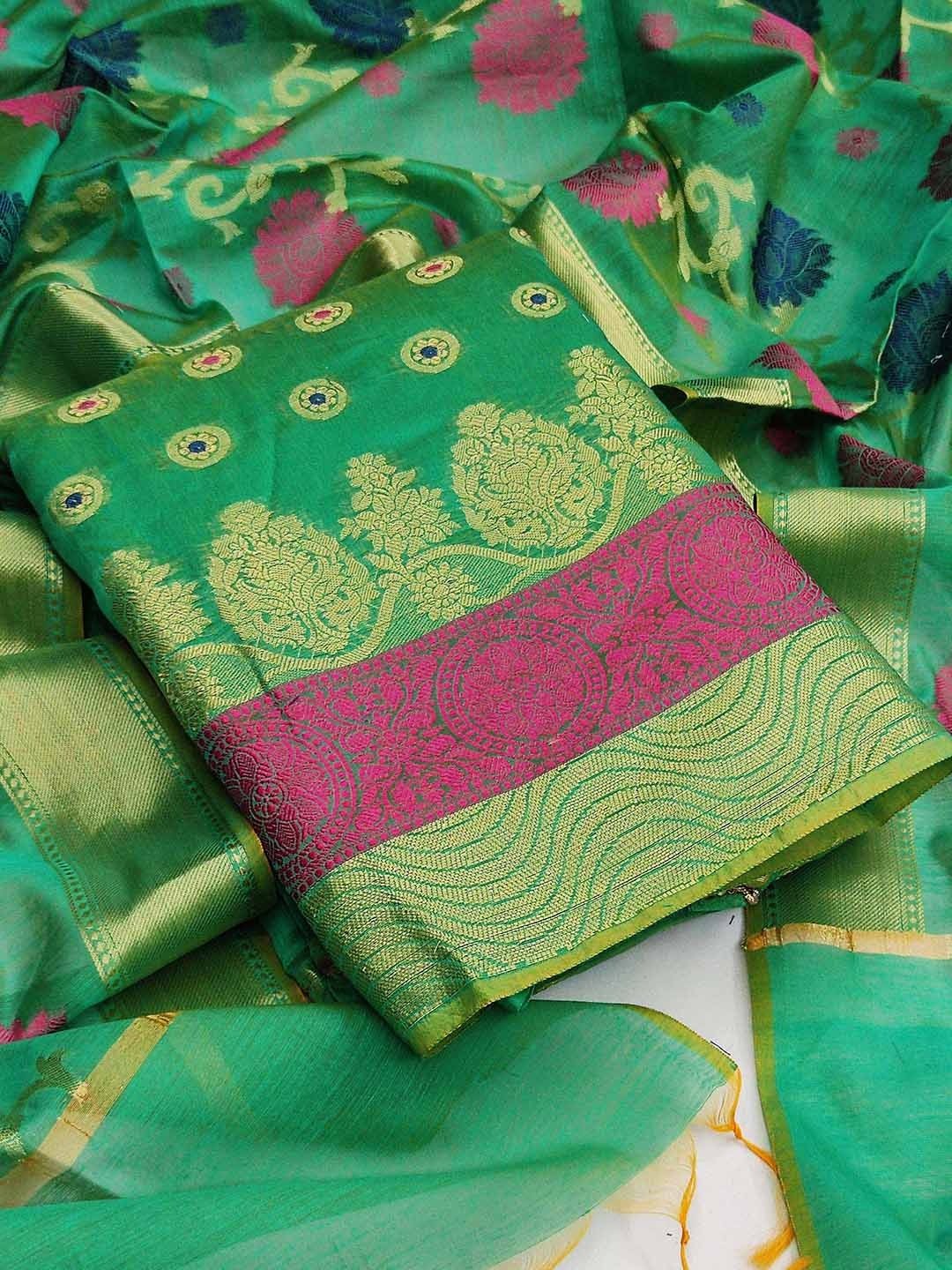 

KALINI Green & Gold-Toned Unstitched Dress Material