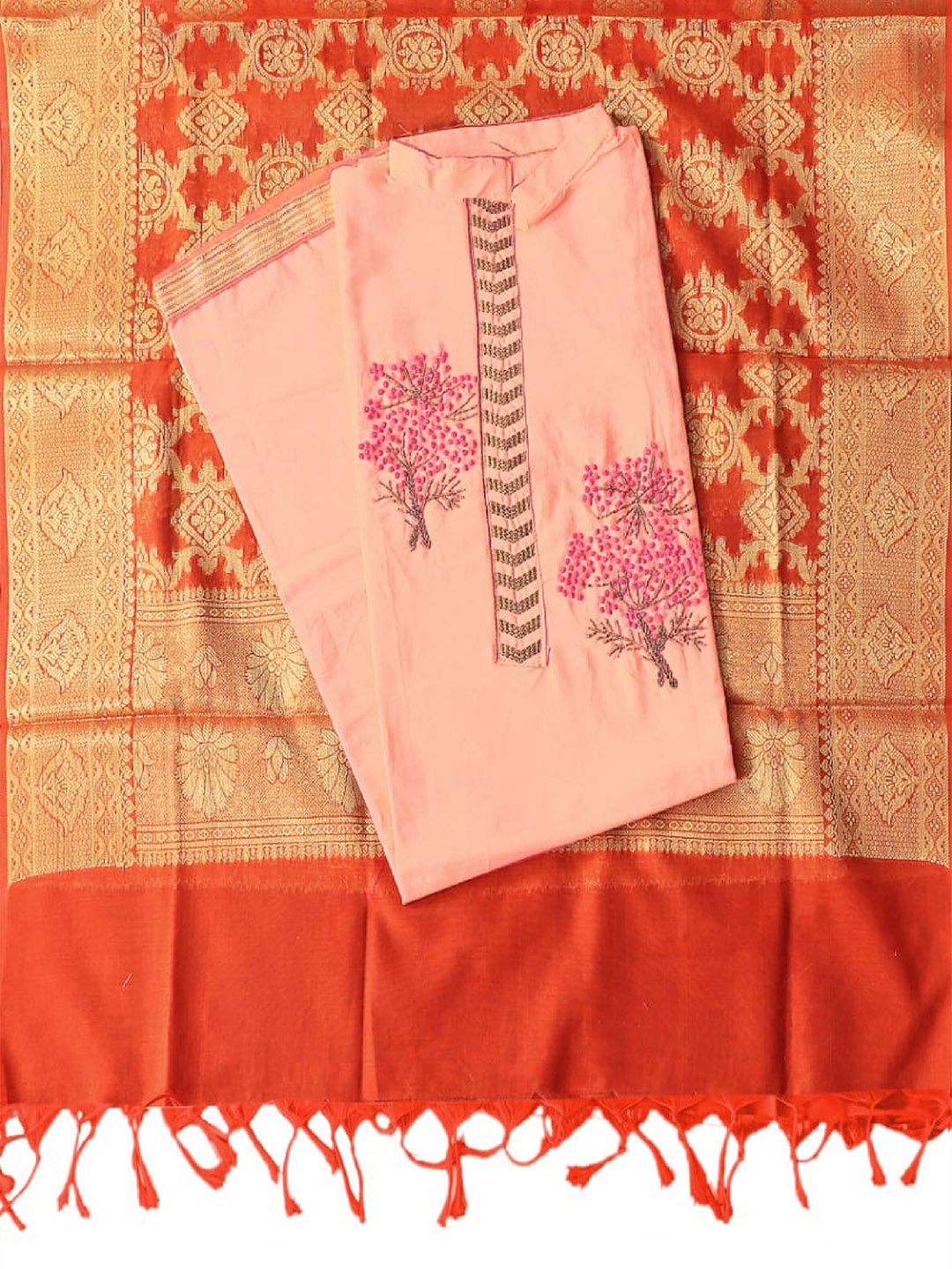 

KALINI Peach-Coloured & Orange Unstitched Dress Material