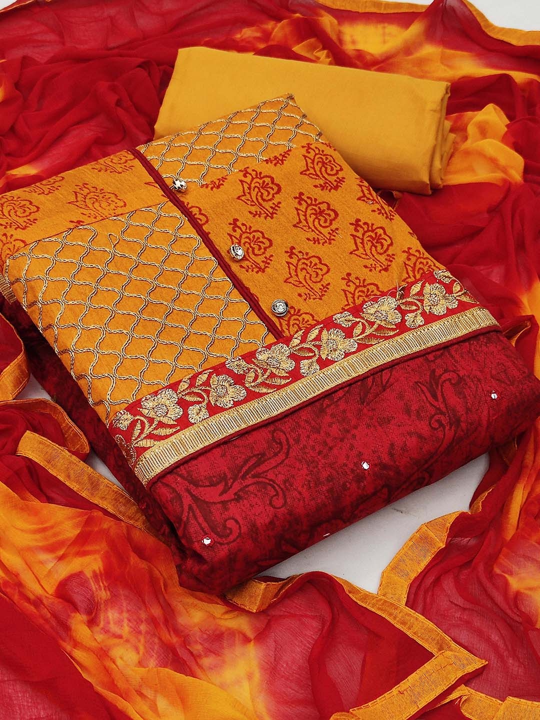 

KALINI Red & Yellow Embroidered Unstitched Dress Material