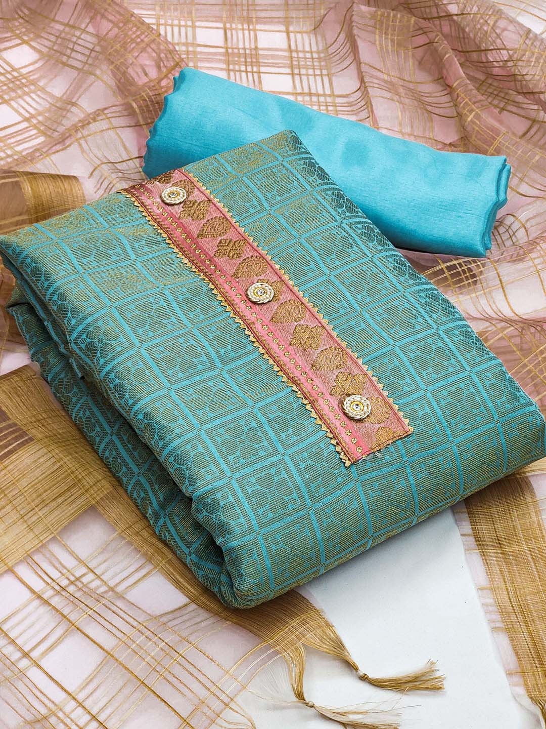 

KALINI Blue & Gold-Toned Unstitched Dress Material
