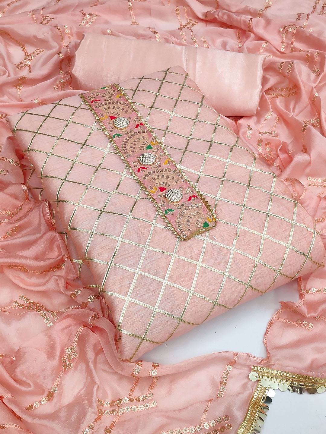 

KALINI Pink & Gold-Toned Checked Embroidered Unstitched Dress Material