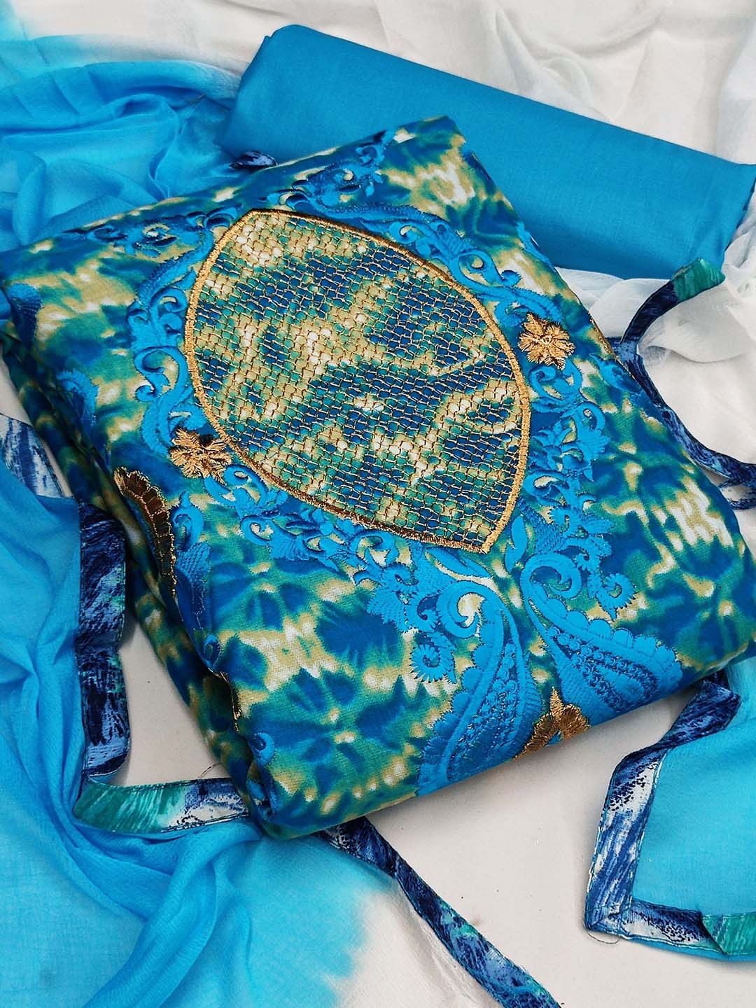 

KALINI Blue & Green Printed Unstitched Dress Material