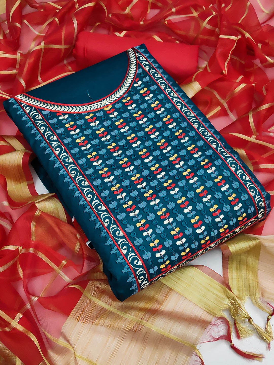 

KALINI Blue & Red Embroidered Unstitched Dress Material