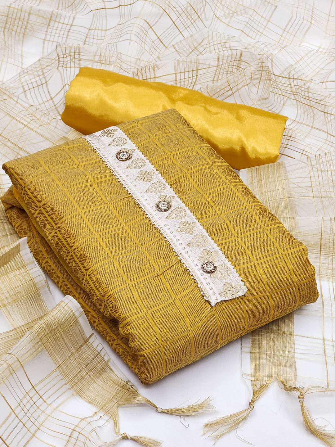 

KALINI Yellow & White Unstitched Dress Material