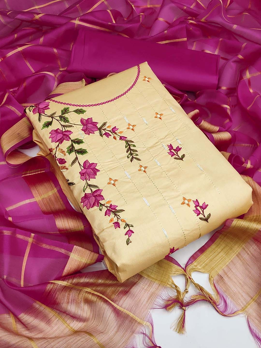 

KALINI Beige & Pink Embroidered Unstitched Dress Material