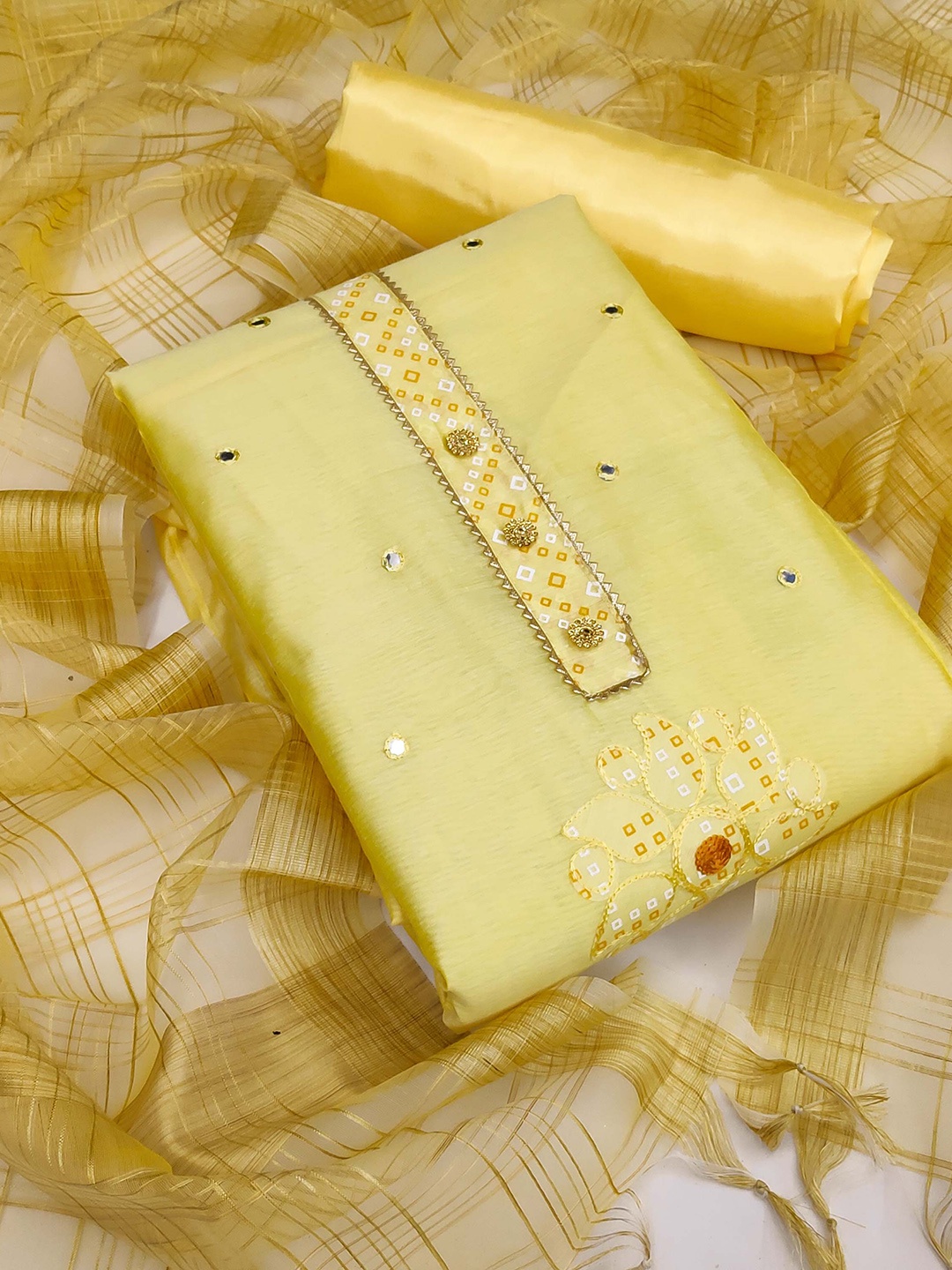

KALINI Yellow & Gold-Toned Embroidered Unstitched Dress Material