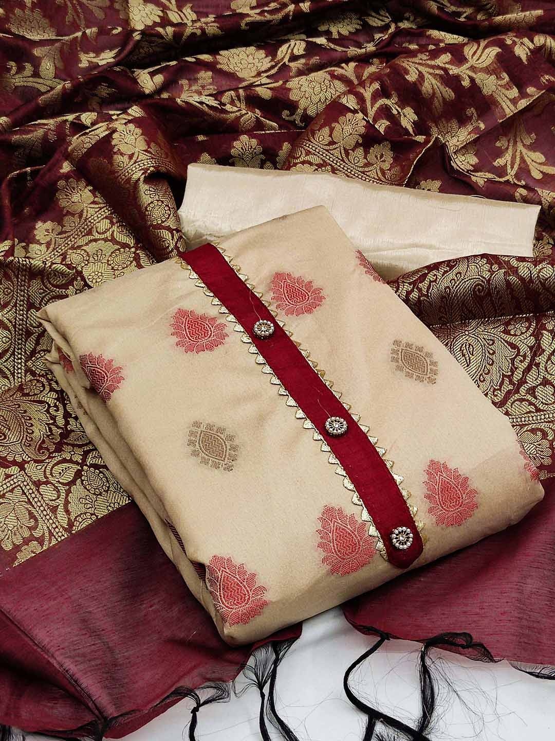 

KALINI Beige & Maroon Unstitched Dress Material